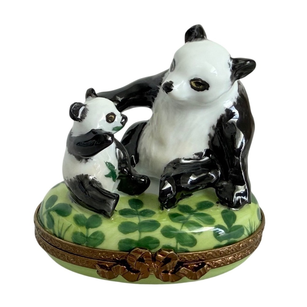 Rochard Limoges Trinket Box Panda Bear Small Green Hand Painted France Art